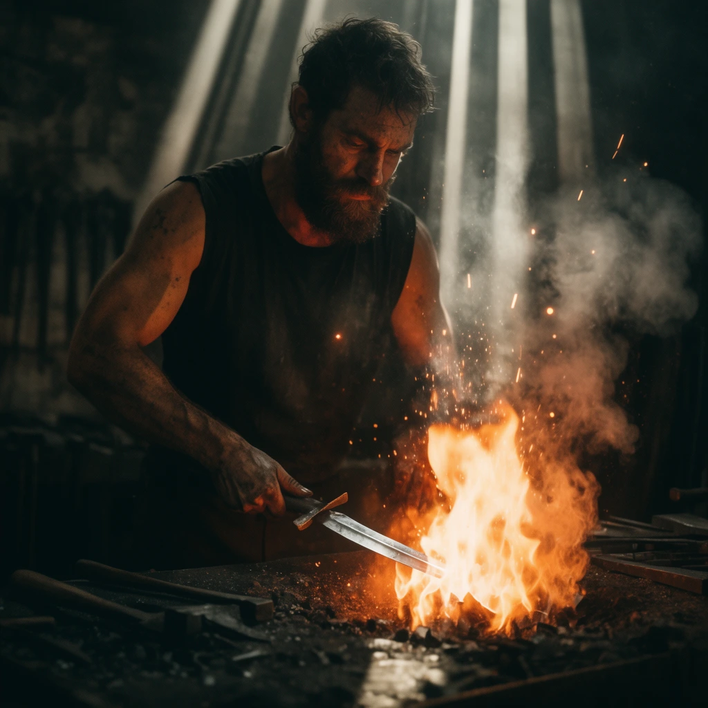 rugged bearded blacksmith forging a blade in a roaring fire, dark sleeveless shirt, gripping a metal tool, glowing orange flames with flying sparks, thick volumetric smoke, strong vertical shafts of light in a dark workshop, dramatic chiaroscuro lighting, cinematic photography, shallow depth of field, gritty texture