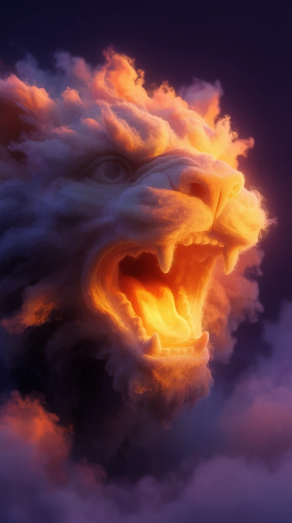 A mythical creature with a wide-open mouth constructed entirely from dense, billowing clouds illuminated by vibrant golden and fiery orange sunset lighting against a dark violet background. The creature's head, gaping jaws, and intricate facial features are sculpted out of thick, fibrous vapor and soft mist, glowing radiantly from within. The deepest interior of the open mouth radiates the most intense amber and bright yellow light, acting as a luminous core. Volumetric illumination creates extreme high contrast across the fluffy, deeply textured surfaces, transitioning sharply from warm peach highlights to deep twilight purple and dark indigo shadows. The vaporous beast emerges from a surrounding bed of softer, blurred violet mist, captured in a close-up, cinematic composition with a shallow depth of field that emphasizes the ethereal, glowing particle textures of its surreal form.