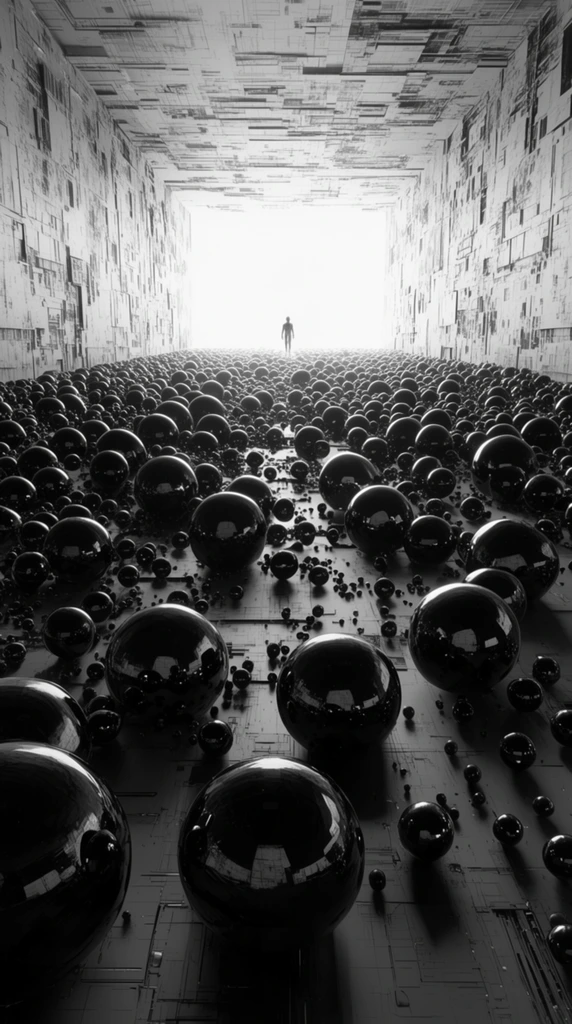 Hundreds of highly reflective black spheres clutter a vast, grayscale sci-fi corridor, ranging from massive foreground orbs to scattered marbles. The glossy surfaces seamlessly distort reflections of the intricately paneled industrial floor and walls. Deep linear perspective draws the eye toward a blindingly bright portal at the far end, silhouetting a solitary, tiny humanoid figure. High-contrast architectural drafting emphasizes overwhelming scale, extreme depth, and a surreal atmosphere.