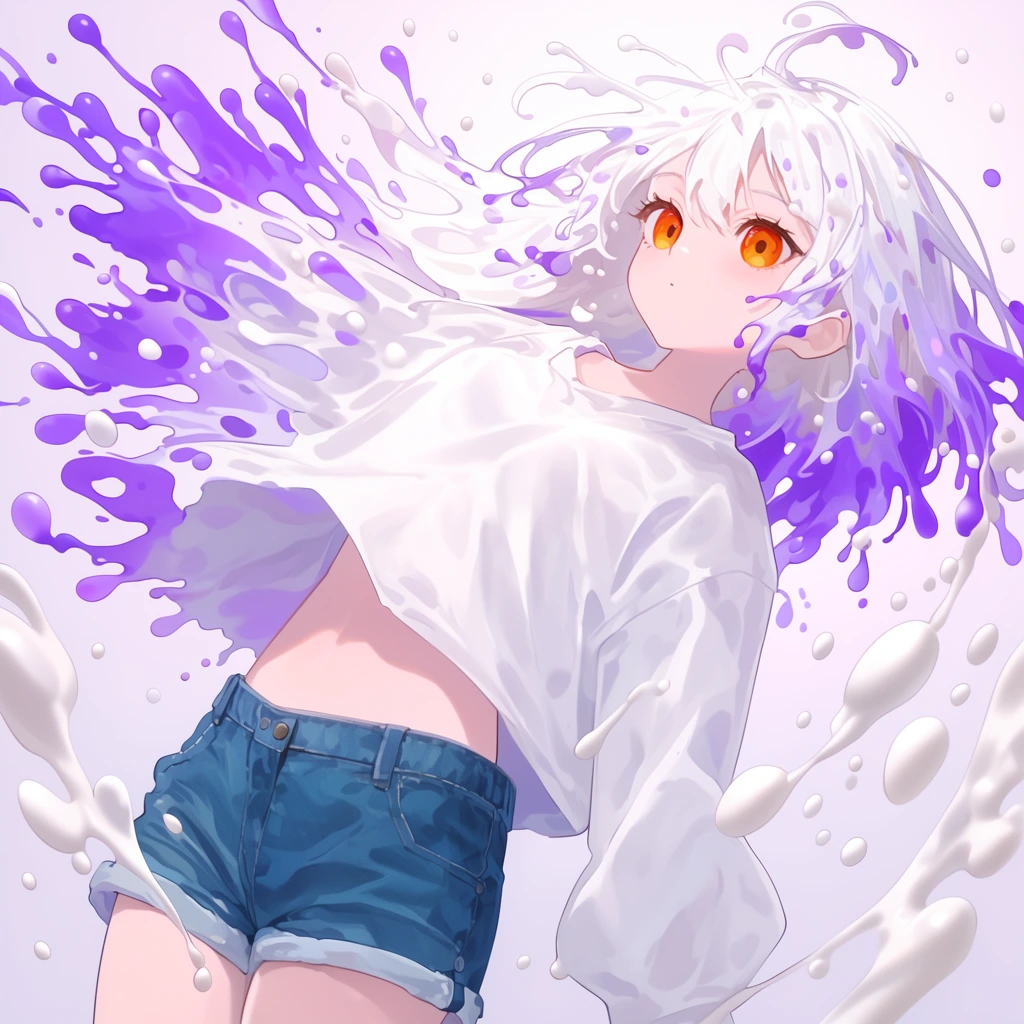 anime girl falling backwards, vibrant orange eyes, white hair blending into dramatic purple-tipped liquid splashes, oversized white shirt, blue denim shorts, suspended opaque white fluid droplets, smooth pastel digital illustration, dynamic fluid motion
