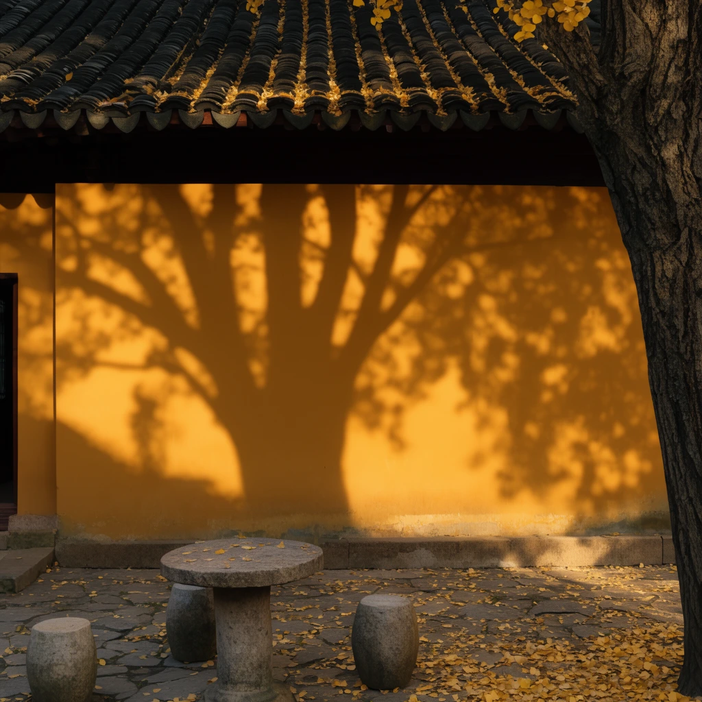 ochre yellow wall with a massive tree shadow, traditional dark tiled roof, framing tree trunk, stone courtyard with fallen yellow leaves, stone table and stools, warm afternoon sunlight
