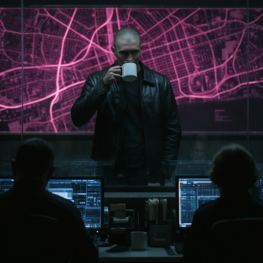tall man with shaved head wearing a black leather jacket drinking from a mug, standing behind a reflective glass partition in a dark command center, large neon pink illuminated cityscape map on back wall, two silhouetted dispatchers sitting at glowing multi-monitor consoles in foreground, cinematic low-key lighting, cool tones, voyeuristic angle