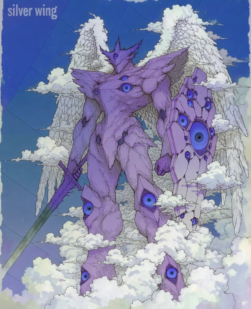 large humanoid mecha standing centrally in a hand-drawn ink illustration style with intricate hatching, feathered wings, sword pointing down, multi-panel shield, horned head and angular armor in lavender and purple tones, integrated with fluffy white clouds and multiple blue ocular sensors, faint grid and diagonal planes in background, "silver wing" text in top left, surrealistic vintage anime concept art aesthetic, grainy paper texture, vibrant blue highlights.