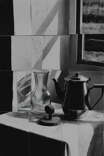 Deconstructed Monochrome Surrealism style reference image — analog photomontage