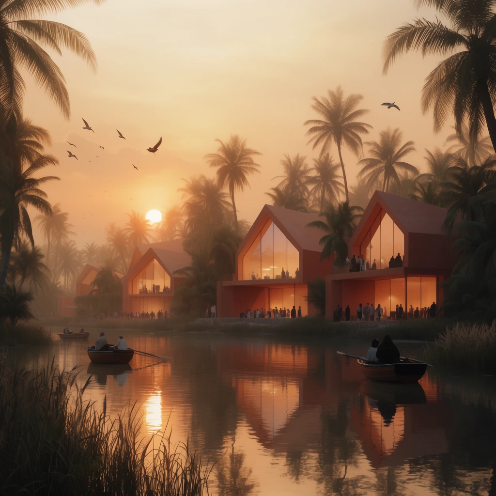 A modern architectural complex in a dense palm grove along a calm river at sunset. Structures feature angular rooflines, terracotta walls, and expansive glass facades glowing with warm light. Silhouettes of people gather on terraces. Small rowboats drift on the reflective water, mirroring the hazy golden-orange sky and setting sun. Reeds line the near shore as birds soar overhead, creating a tranquil 3D architectural visualization bathed in ethereal golden hour lighting.