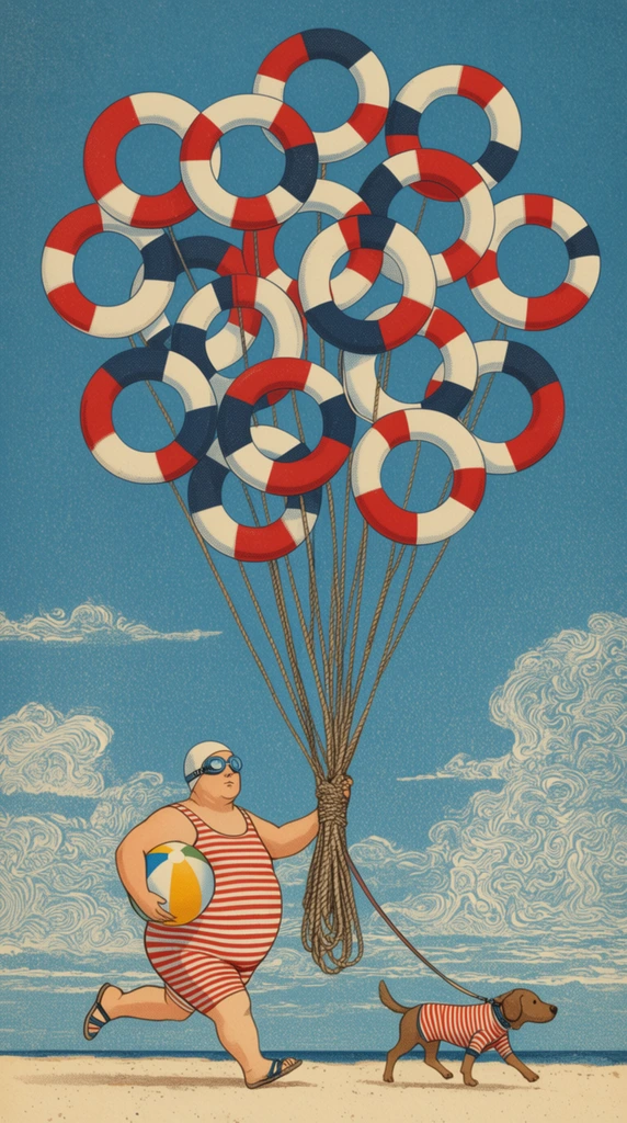 A stout figure in retro swimwear runs along a sandy beach, grasping a thick bundle of ropes tethered to a surreal bouquet of floating life preservers. The runner wears a horizontally striped red-and-white vintage bathing suit, a white swim cap, blue goggles, and sandals. A vibrant beach ball is tucked under one arm, and a thin leash connects to a small brown dog wearing a matching striped shirt trotting ahead. Above them, dozens of segmented red, white, and navy blue life rings drift effortlessly like helium balloons. The setting features a simple beige shore and a textured azure sky filled with stylized, intricately swirling white clouds near the low horizon. The composition utilizes a vintage lithograph illustration style with visible halftone dot textures, a muted primary color palette, and a highly whimsical, dreamlike narrative.