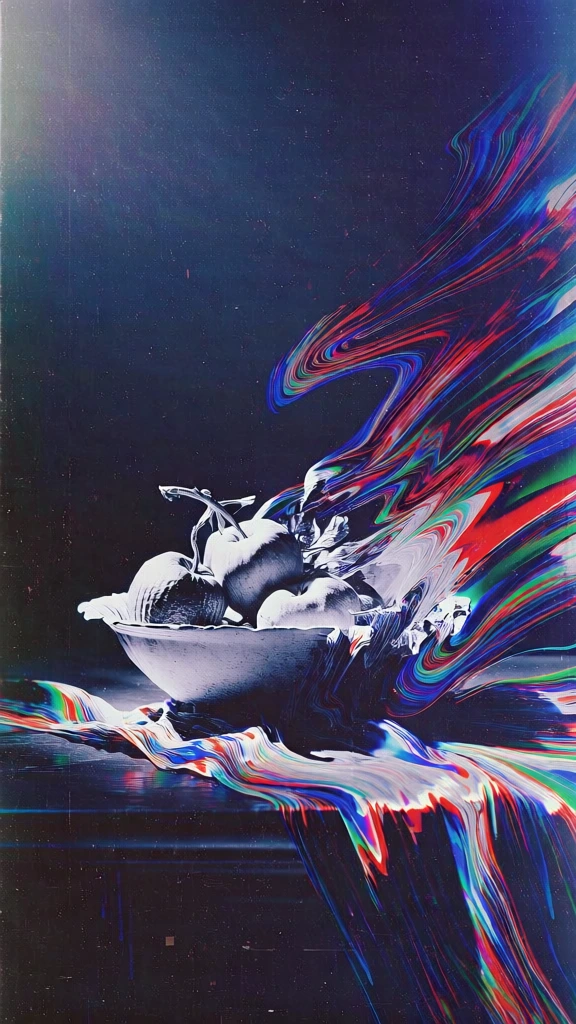 a ceramic bowl of fruit on a dark table, high-contrast chiaroscuro lighting, desaturated grayscale subjects set against a deep navy void, dramatic liquified motion trails bleeding from the right side in vibrant primary red blue and green streaks, heavy film grain, dust specks, vintage film scan texture, light leaks, pixel-sorted smears, psychedelic glitch aesthetic, dark academia mood, low-angle composition, matte finish.