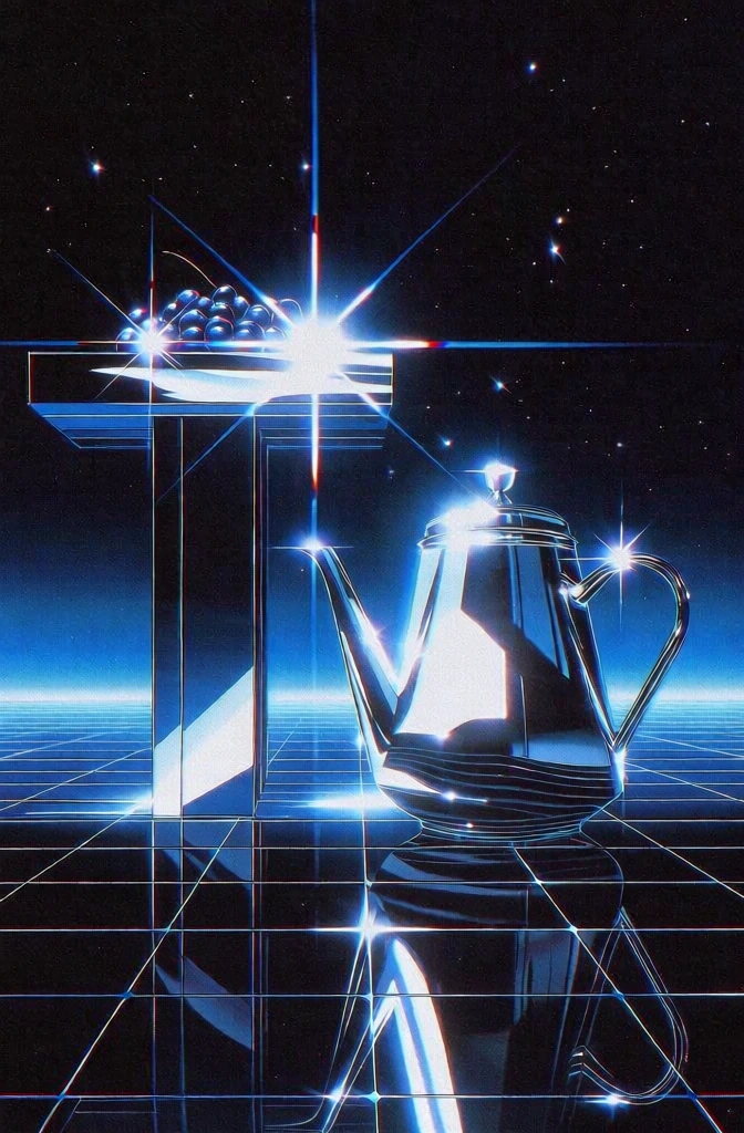 an airbrushed 1980s retro-futurist synthwave aesthetic, reflective black tiled grid floor with glowing cyan perspective lines, a sleek chrome teapot positioned next to a polished minimalist pedestal holding berries, high-contrast dramatic lighting with brilliant multi-pointed star lens flares, deep black space background with a dusting of stars, electric blue horizon glow, sharp specular highlights on metallic surfaces, glowing cyan and white color palette, cinematic cgi composition
