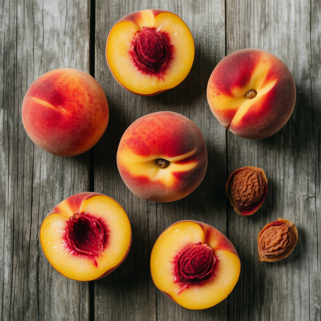 A top-down flat lay of whole and halved peaches scattered across weathered vertical wooden planks. Whole fruits feature fuzzy skins mottled with vivid red and golden yellow. Three halved peaches reveal juicy yellow flesh and deep crimson textured cavities alongside two loose, deeply wrinkled brown pits. Soft directional light casts subtle shadows, highlighting the rustic gray-brown wood grain and vibrant organic textures.