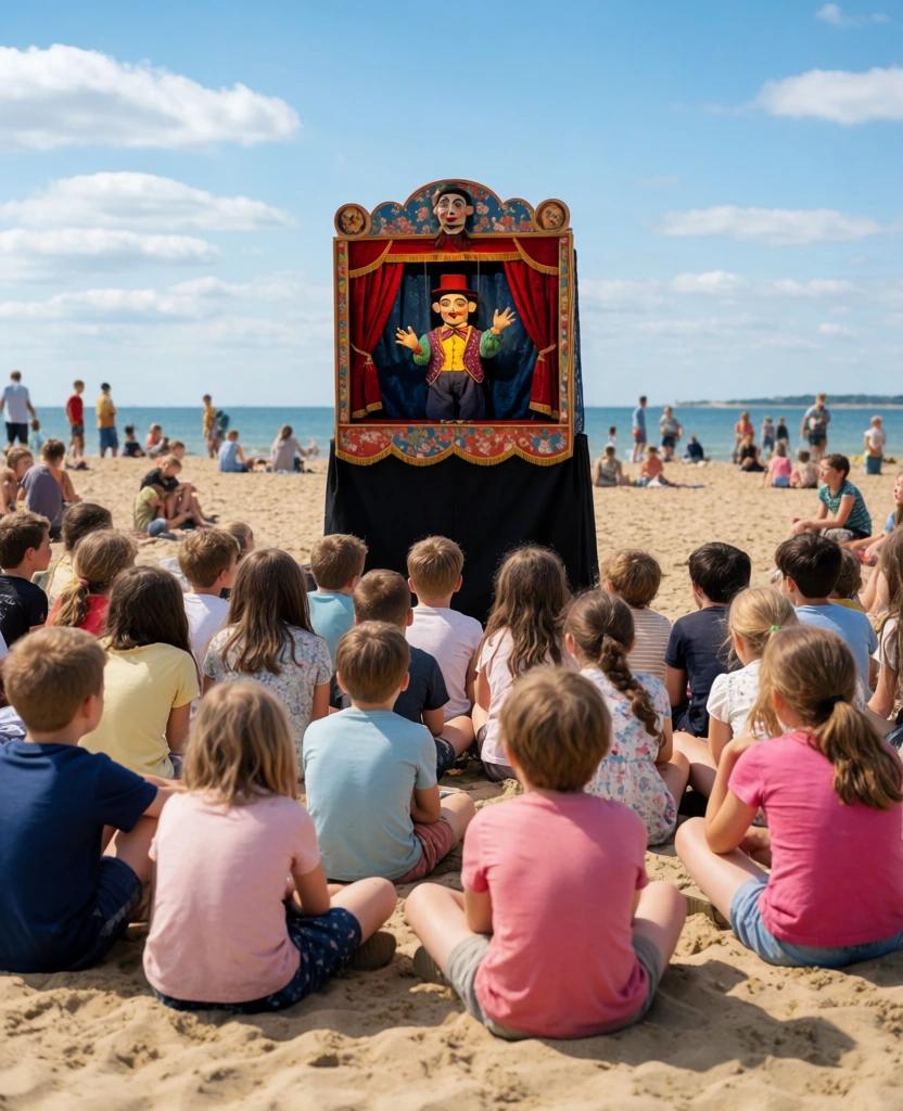 A crowd of children gathers on a sandy beach to watch a traditional Punch and Judy puppet show under a clear blue sky. The central focus is a tall, narrow puppet booth draped in red and white vertical-striped fabric, topped with a small stage area framed by yellow ruffles and a black valance adorned with gold tassels and scrolling patterns. Inside the stage, two puppets face one another: Mr. Punch, with a hooked nose and a yellow and black striped pointed hat, and Judy, wearing a red cap and white dress while brandishing a wooden stick. In the foreground, dozens of children are seated on the sand, seen from behind with various hair colors including blonde, brown, and black. They wear colorful summer clothing such as a blue polka-dotted dress, a white tank top with gold circles, and a pink and white patterned swimsuit. To the far left, a woman with short blonde hair in a white sleeveless dress stands holding a toddler, her gaze fixed on the performance. Next to her, a young boy in a green shirt eats a yellow ice lolly. The background depicts a bright beach scene where a man rests in a pink and white striped deck chair and other beachgoers are scattered across the sand. A white pier stretches into the calm blue ocean in the distance. The illustration uses a mid-century artistic style with soft, painterly textures and a vibrant color palette, captured from a slightly elevated perspective looking over the audience toward the puppet stage in bright, even daylight.