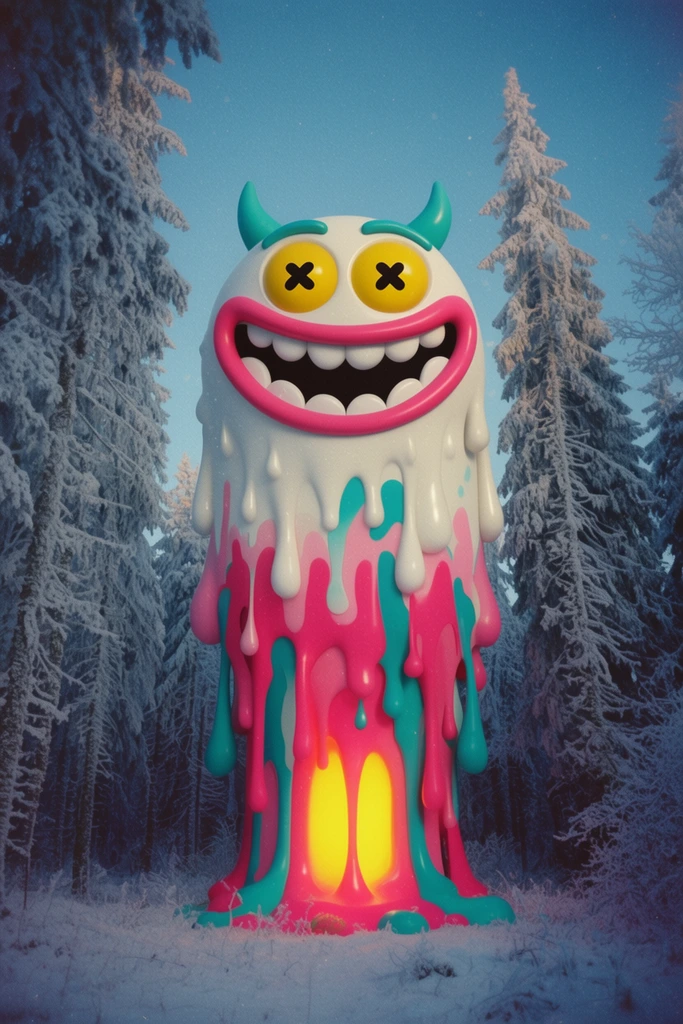 colossal surreal 3D cartoon monster towering over a snowy pine forest, dripping white body, wide yellow eyes with black cross pupils, huge pink grinning mouth, small teal horns, melting lower body with thick drips of hot pink and teal, glowing yellow center base, tall evergreen trees heavily coated in white frost, snow-covered ground, cool blue twilight lighting, low angle perspective, stylized glossy rendering juxtaposed with realistic winter photography, vintage film grain, atmospheric chill