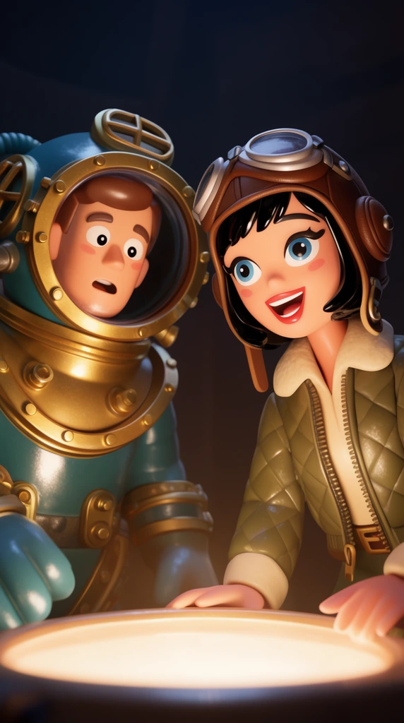 Two stylized 3D animated toy figures peer downward in awe, dramatically illuminated by warm light from below against a dark background. On the left, a male figure in a bulky brass and teal deep-sea diving suit with a bolted collar stares wide-eyed. Beside him, a female aviator doll with short black hair, a leather flight helmet, and a quilted olive jacket smiles excitedly, resting her hands on the edge of the light source. A low camera angle highlights glowing reflections on their glossy surfaces in a cinematic rendering style.