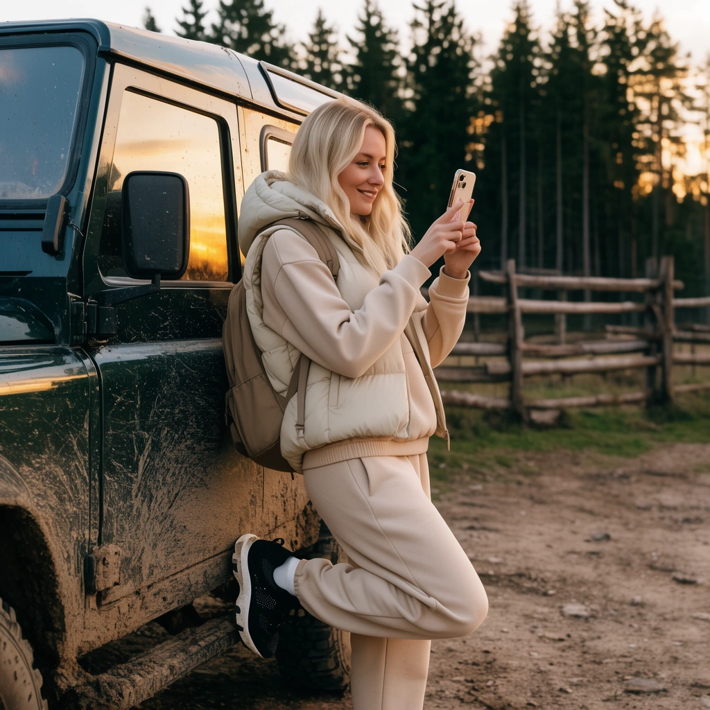 A blonde woman in a beige tracksuit, puffer vest, and backpack leans against a muddy dark green off-road vehicle while taking a photo with a smartphone. One black sneaker rests against the rugged truck. The rural golden-hour scene includes a dirt clearing, rustic wooden fence, and tall evergreen trees. Sunset light reflects in the truck window, contrasting her clean streetwear against the gritty vehicle in this shallow-depth-of-field lifestyle photograph.