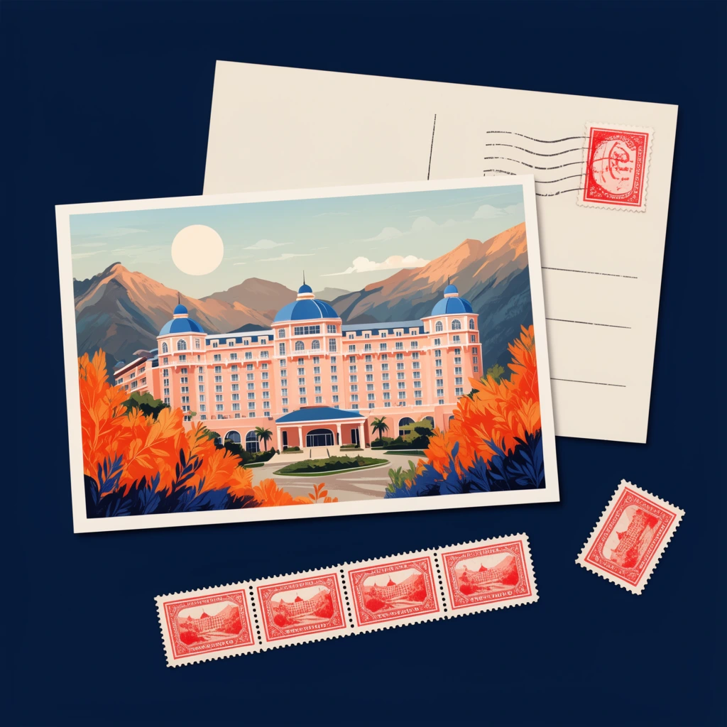 two vintage postcards and loose red stamps on solid dark navy background, front card illustrates a retro peach grand hotel with blue domes in a mountainous landscape under a pale sun, framed by bright orange and dark blue foliage, partially hidden second card reveals a blank back with postmark and red stamp, strip of four connected perforated stamps and one single stamp scattered below, top-down flat lay composition, clean vector art mockup style