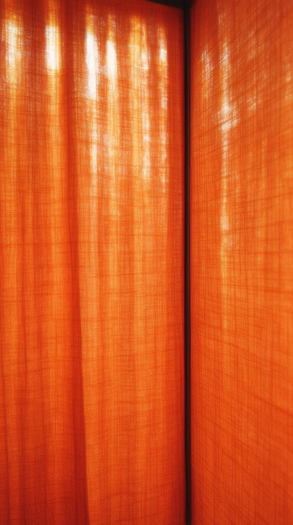 Close-up of translucent orange fabric panels meeting at a corner. The material has a distinct, fine crosshatch texture, creating a grid-like pattern. Light shines through the fabric, illuminating it unevenly and creating bright, glowing vertical streaks, particularly near the top edge. The left panel shows subtle vertical folds, adding depth. A dark, thin vertical gap separates the two panels where they meet. The right panel is angled slightly away from the viewer. The overall color palette is dominated by warm, vibrant shades of orange, ranging from deep rust to bright, almost yellow-orange where the light is strongest. The texture and lighting give the image a warm, slightly blurred, and textured appearance.