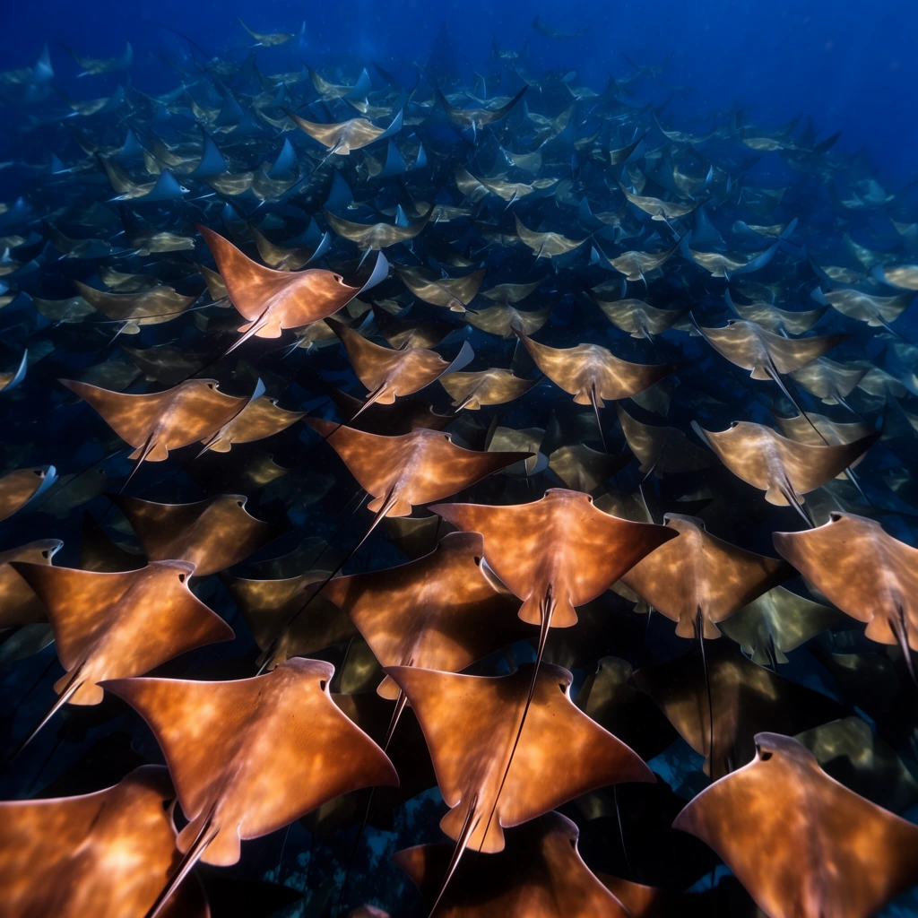 massive school of diamond-shaped rays swimming in dense formation through a deep blue ocean, golden-brown dorsal surfaces catching dappled sunlight, pointed wings, long thin tails, wide-angle underwater photography, high contrast between warm copper marine life and cool dark water, immersive deep sea wildlife scene