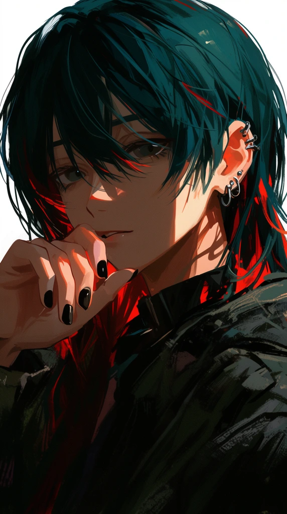 Anime portrait of a figure, dark teal hair with red underlights, loose bangs, multiple metallic ear piercings, hand touching lower lip, black nail polish, dark textured jacket, dramatic directional lighting, sharp shadows, visible digital brushstrokes, painterly rendering, stark white background
