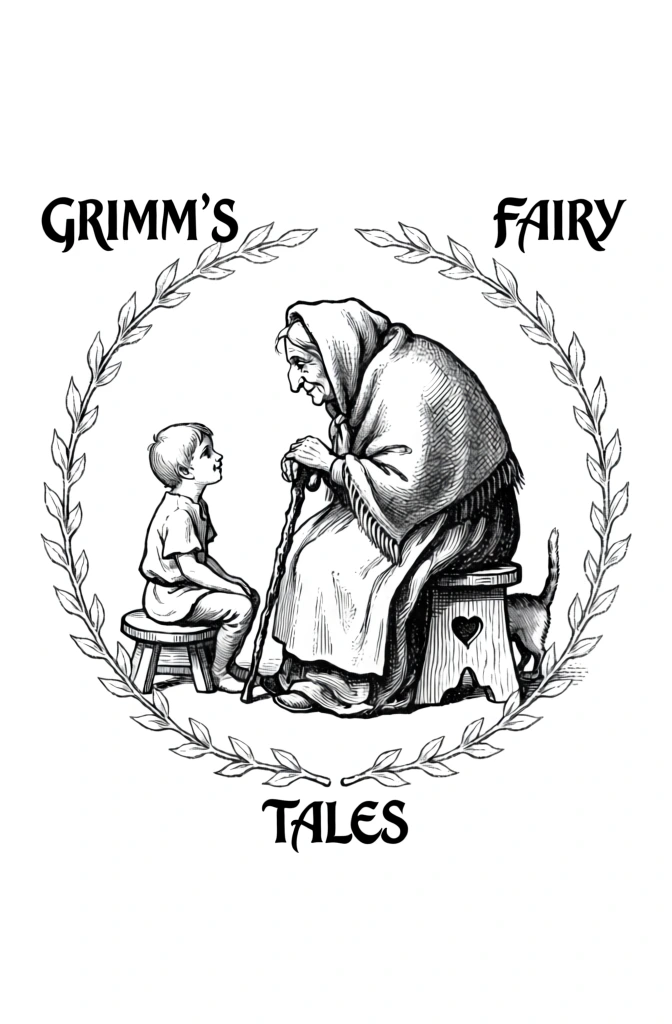 A black and white line drawing depicts an elderly woman and a young boy enclosed within a circular laurel wreath, accompanied by the title "GRIMM'S FAIRY TALES". The elderly woman is the central figure on the right, seated in profile on a wooden stool that features a small heart-shaped cutout on its side. She is hunched forward, draped in a heavy, voluminous shawl or cloak that covers her head like a hood and falls to her feet. Her face is characterized by a prominent nose and visible wrinkles, and she leans forward while clutching a gnarled walking cane with both hands. A small cat stands behind her stool on the right, its tail raised vertically. Facing her on the left is a young boy seated on a low, circular stool. He is dressed in a simple, short-sleeved tunic and trousers, looking up attentively at the woman. This central scene is framed by a delicate wreath composed of two leafy branches that meet at the top and bottom. Above the wreath, the words "GRIMM'S" and "FAIRY" are positioned on the left and right sides respectively. The word "TALES" is centered directly beneath the wreath. The text is rendered in a black, all-caps, stylized serif font. The entire illustration is set against a plain, stark white background, employing a traditional woodcut or engraving style with fine line hatching used for shading and texture on the clothing and stools.
