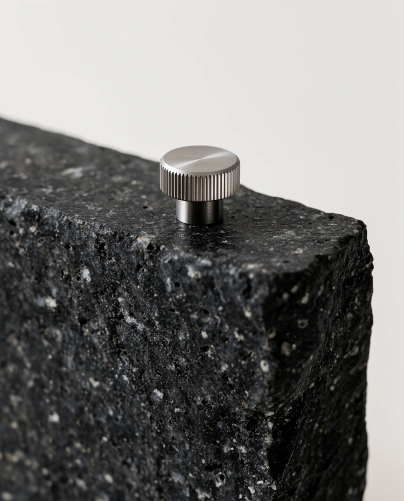A dark, rough-textured rectangular stone block features a small, precision-milled metallic knurled knob protruding from its flat top edge. The porous rock, speckled with light mineral flecks, contrasts sharply with the machined dial. Soft studio lighting highlights this minimalist material juxtaposition against a solid off-white background.