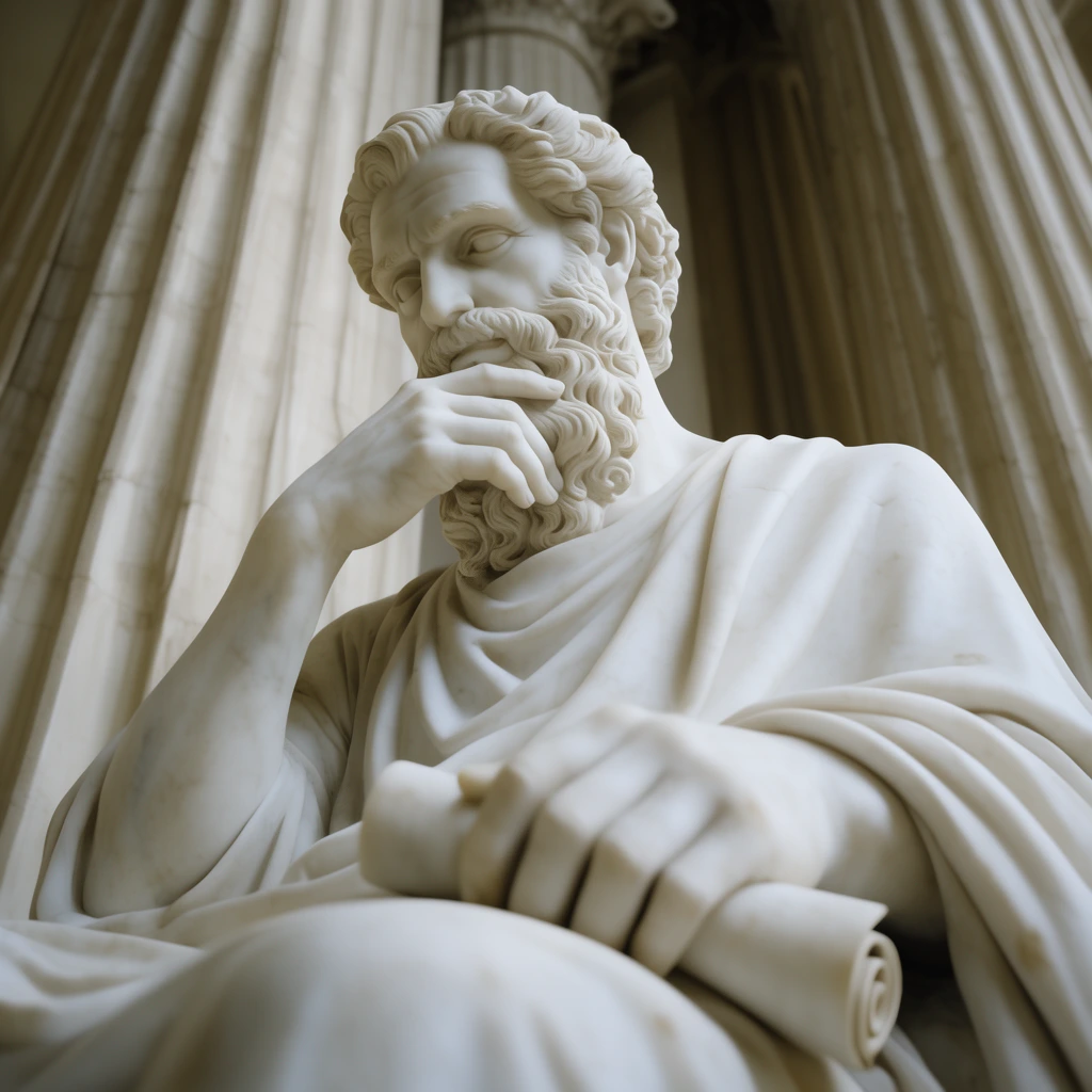 A low-angle view of a smooth white marble sculpture depicting a bearded philosopher looking downward. His right hand strokes his beard while clutching a scroll. Soft lighting illuminates the figure against a backdrop of towering fluted columns.