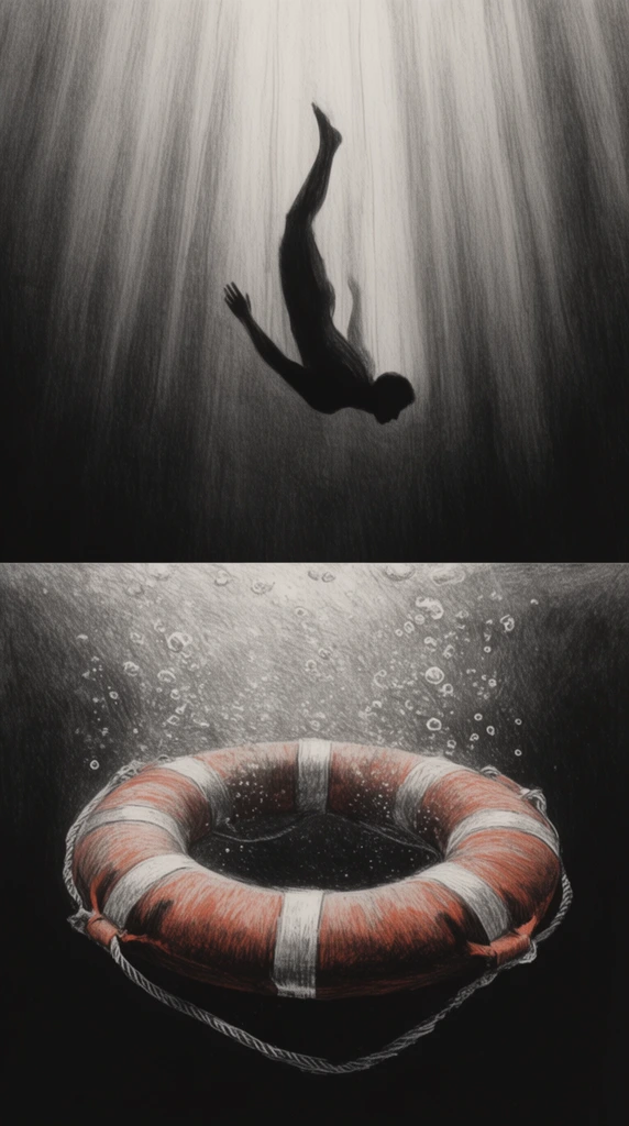 split screen diptych, silhouetted human plunging downward through dark depths with heavy vertical light rays, macro close-up of a sinking textured orange and white life preserver trailing bubbles, grainy charcoal sketch aesthetic, stark monochromatic grey palette with isolated muted rusty red, surreal minimalism, high contrast fading to deep black
