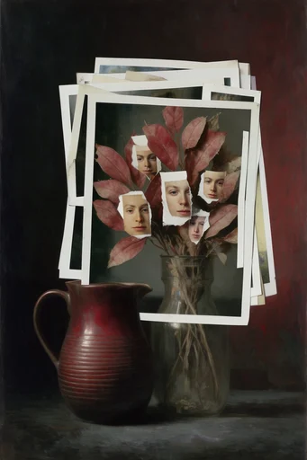 Fragmented Analog Surrealism style reference image — torn paper texture