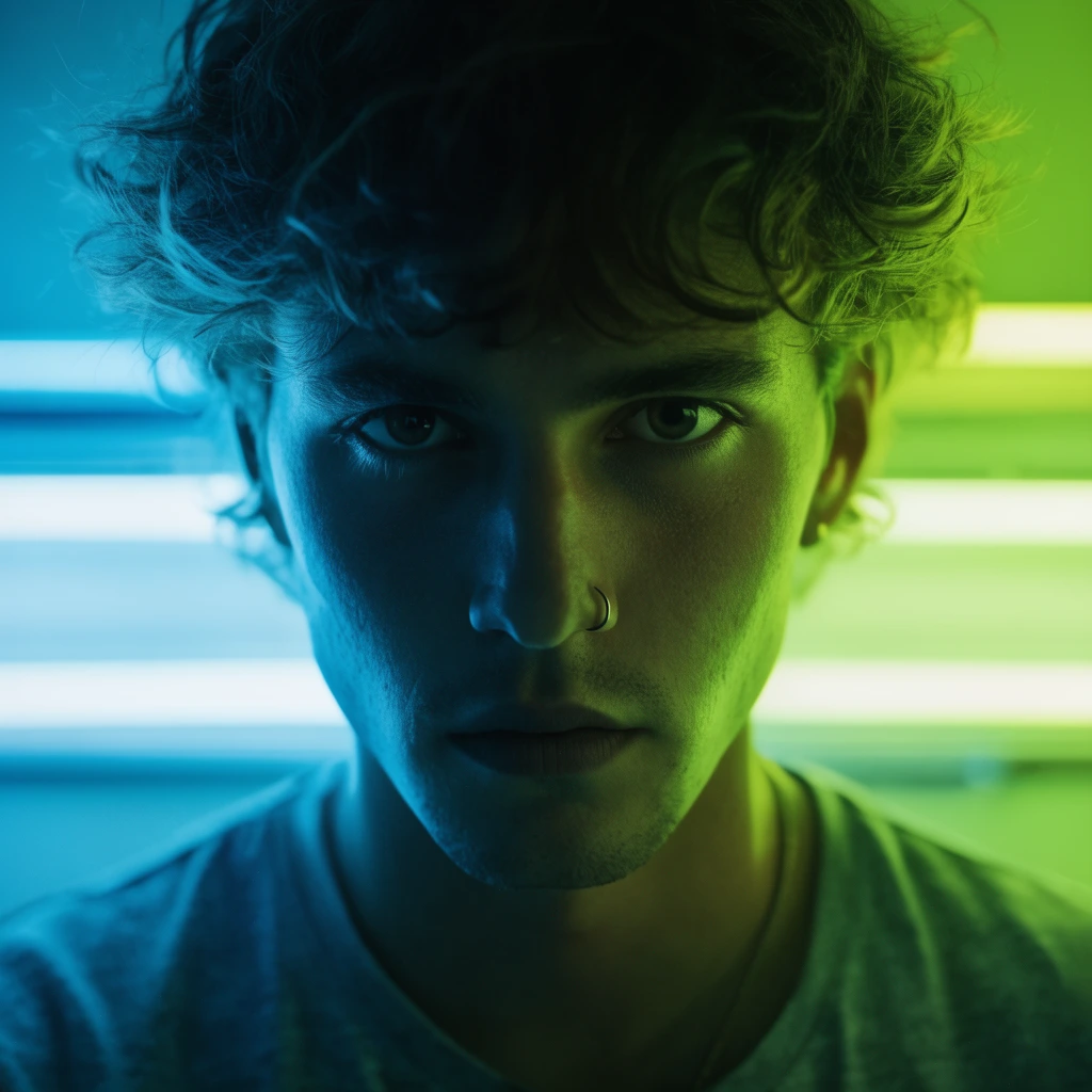 close-up cinematic portrait of a young man with messy wavy hair and intense stare, wearing a grey t-shirt and nose ring, dramatic split neon lighting, cyan on left, lime green on right, deep facial shadows, out-of-focus horizontal glowing neon tubes background, hyper-realistic