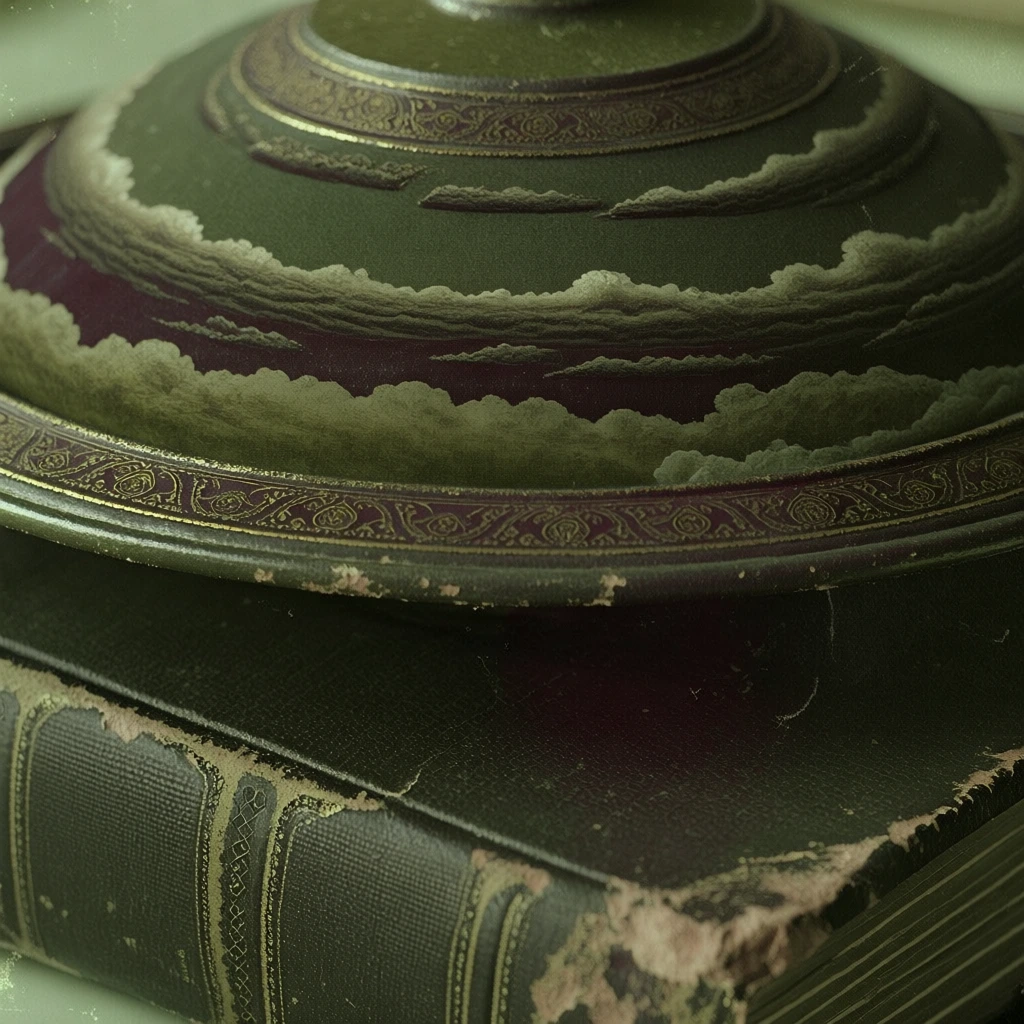 a saucer-shaped mound featuring stratified horizontal cloud layers, rendered in an archival vintage aesthetic, deep forest green and mossy olive palette with dark charcoal shadows, weathered tactile textures of aged book cloth and worn binding, intricate faded gold filigree along the atmospheric tiers, soft moody lighting with organic film grain, low contrast, hints of deep purple, ornate botanical illustration style reminiscent of old natural history volumes, museum-like depth.