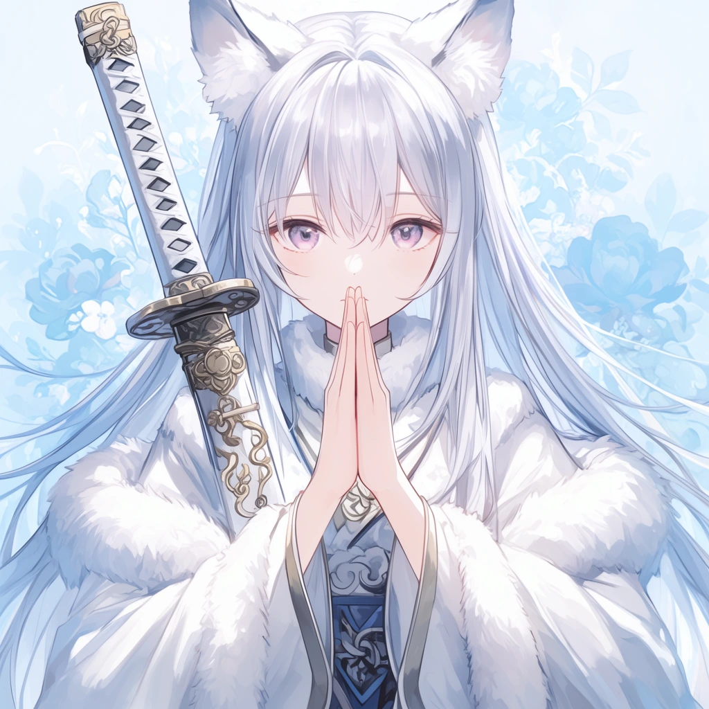 anime girl with white animal ears praying, long silver hair, white fur-trimmed coat, ornate katana, soft blue floral background, ethereal anime style