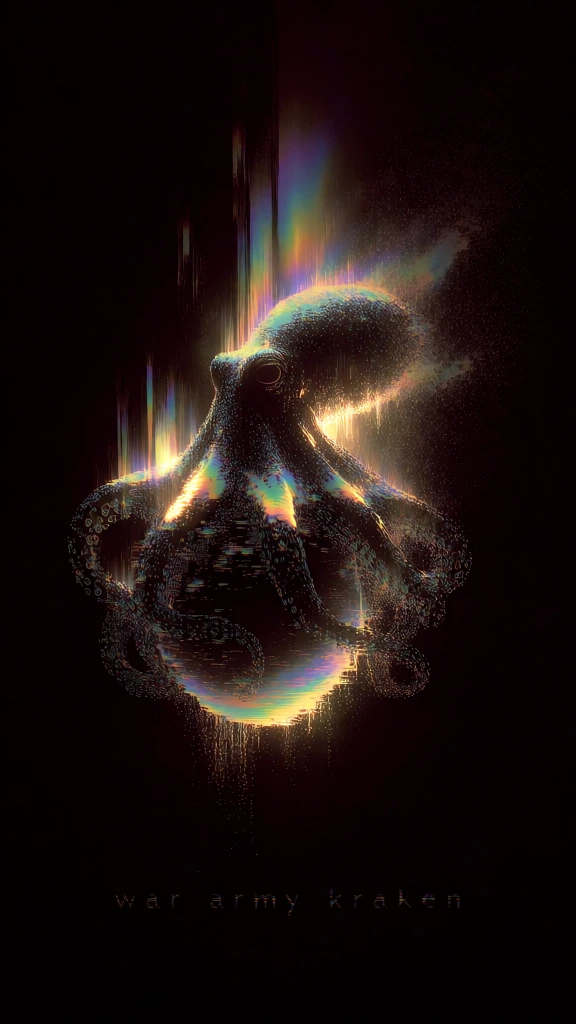 giant octopus coiled around a heavy spherical bomb, rendered in shimmering iridescent digital particles and chromatic glitches, water splashes as vertical prismatic light trails and aurora streaks, set below the words "war army kraken" in fragmented glowing typography, pitch-black void, high-contrast stippled texture, vibrant rainbow-hued highlights, vertical motion blur, prismatic refraction, ethereal digital disintegration, ultra-fine grainy rendering, deep chiaroscuro