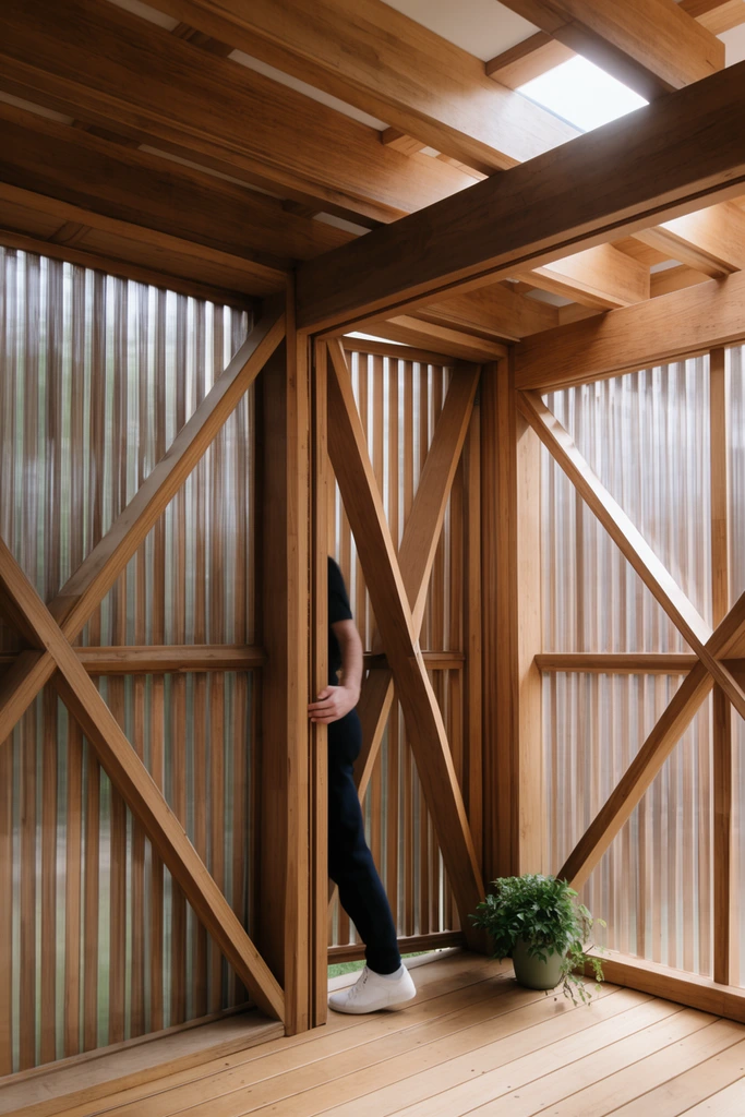 A contemporary wooden architectural structure built with thick timber beams forming geometric frames and X-braces. Slatted walls backed by corrugated translucent panels filter soft natural light. A person steps partially through a central doorway, their hand gripping a vertical beam, wearing dark trousers and white sneakers. A small green potted plant rests on the wooden floor nearby. Sunlight streams through a ceiling gap, highlighting the warm wood textures and clean structural lines.