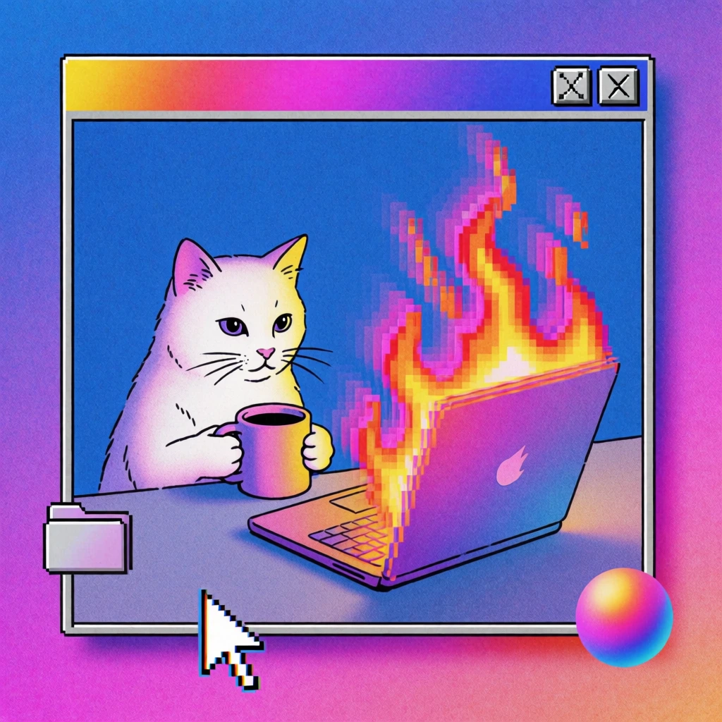 vaporwave surrealism, lo-fi digital aesthetic, 1990s gui window frame with a vibrant yellow-to-magenta-to-blue gradient header, heavy chromatic grain and dithered texture, a cat sitting at a desk holding a mug in its paws, next to a laptop emitting stylized pixelated flames, trail-drag ghosting effect on the fire, pixelated cursor and folder icon floating in frame, hyper-saturated neon color palette, soft-focus dreamcore atmosphere, nostalgic early internet glitch art.