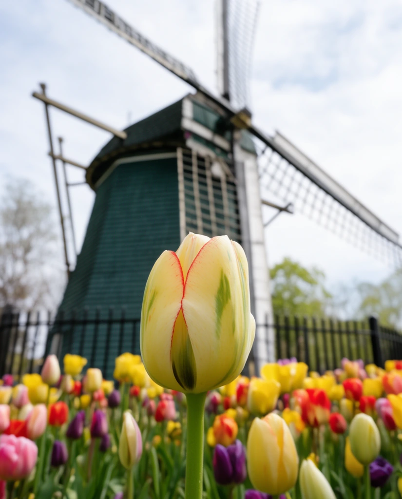 prominent pale yellow tulip with subtle red edges and green streaks in sharp foreground focus, vibrant bed of yellow, red, pink, and purple tulips, black metal fence, large out-of-focus wooden windmill with dark green siding in background, daytime lighting, macro photography, shallow depth of field, low angle perspective