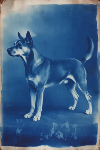 Archival Cyanotype Glitch style reference image — monochromatic indigo palette
