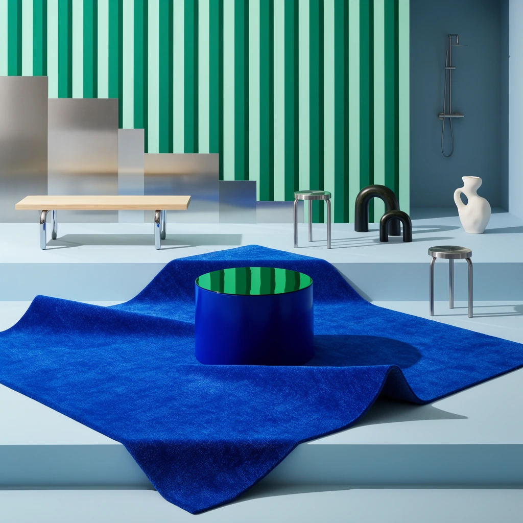 A surreal minimalist interior features a bright royal blue textured rug forming gravity-defying triangular folds on a light blue platform. Centered on the rug is a deep blue cylindrical table with a reflective green top. The scene unfolds across tiered platforms under hard directional light casting sharp shadows. Scattered across the midground are a pale wood bench with chrome legs, metallic stools, dark arched sculptures, and a white organic vase. The backdrop displays vertical mint and dark green stripes, flanked by stepped metallic panels and a muted blue alcove with a silver shower fixture. The post-modern composition uses crisp, high-contrast studio photography to emphasize the geometric precision and vibrant color palette.
