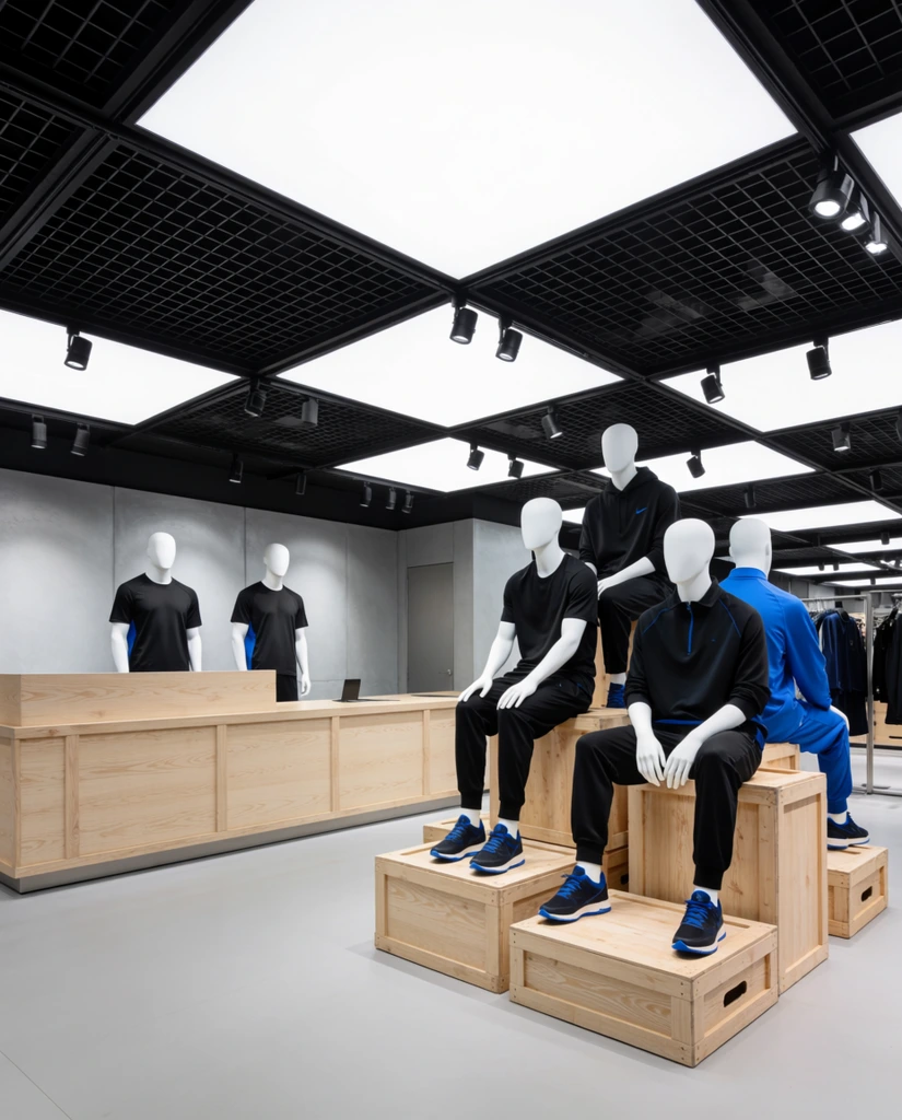 faceless white mannequins on wooden crates wearing black and blue sportswear, modern retail store interior, wooden checkout counter, black metal grid ceiling with luminous square panels, track lighting, gray floor, wide architectural shot, bright lighting