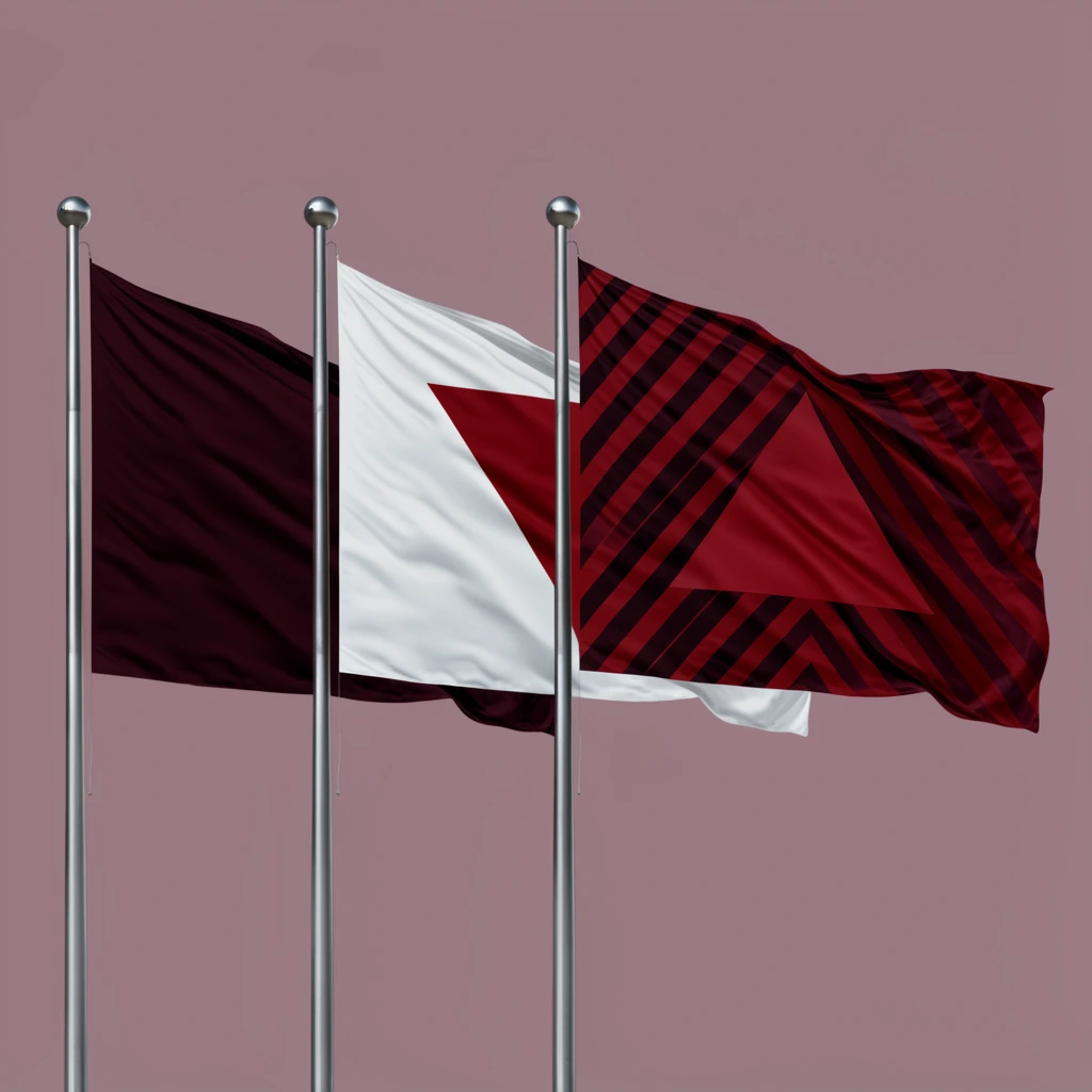 Three rippling flags wave from polished silver poles with ball finials against a flat dusty mauve background. The left flag is solid dark maroon. The white center flag features an inverted red triangle, while the right crimson flag displays dark diagonal bands and a matching red triangle. Bright lighting highlights the dynamic fabric folds in a striking, high-contrast minimalist composition.