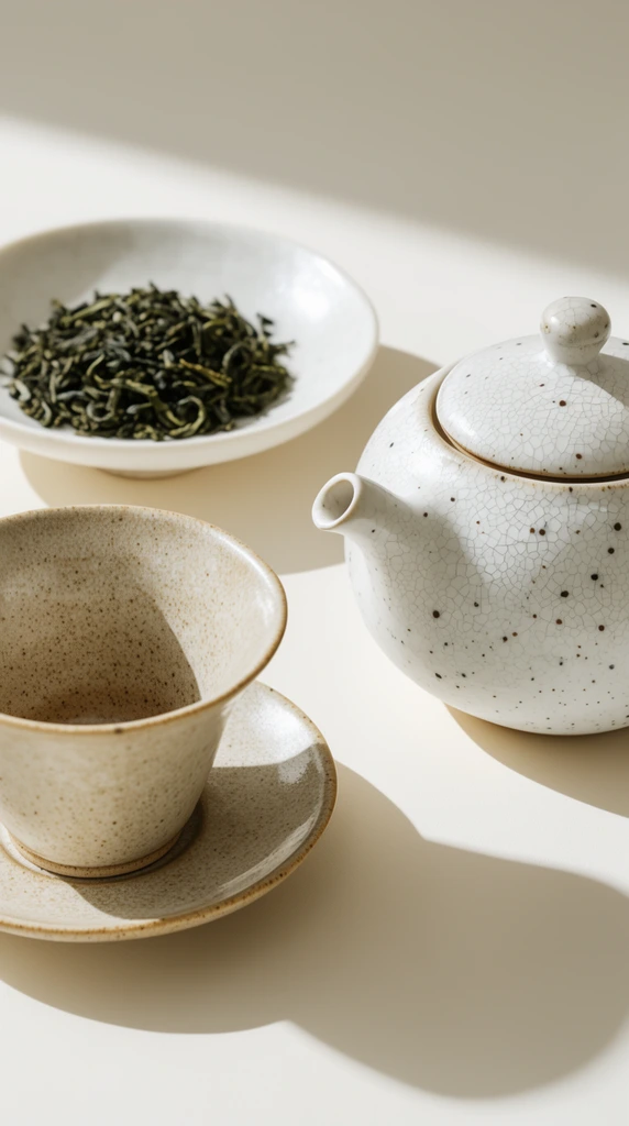A minimalist still life of a ceramic tea set on a smooth cream surface under stark directional sunlight. A flared teacup with a speckled beige glaze rests on a matching saucer on the left. Above it, a shallow white dish holds a pile of dark green, twisted loose tea leaves. To the right sits a round white teapot featuring a crackled glaze, dark speckles, and a short spout. Crisp diagonal shadows cast from the upper left emphasize the pottery's organic textures against the pristine background.