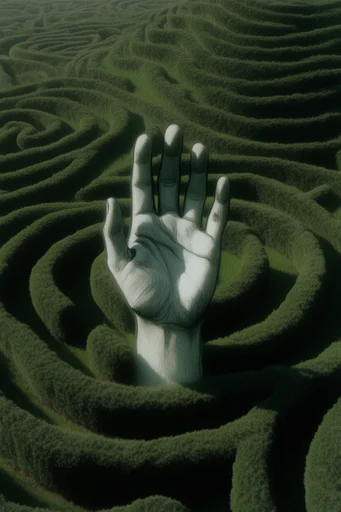 Surreal Botanical Minimalism style reference image — manicured topiary maze