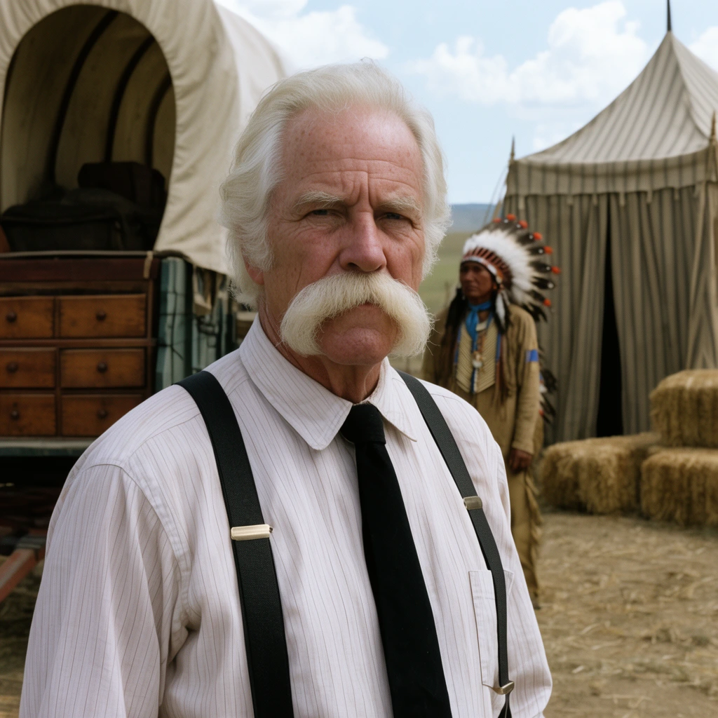 older man with white hair and thick walrus mustache, pale pinstriped shirt, black tie, suspenders, medium close-up portrait, shallow depth of field, historical western setting, canvas-covered wagon with wooden drawers, Native American man in feathered headdress in background, striped canvas tent, hay bales on dirt field, cinematic composition, natural daylight, earthy color palette