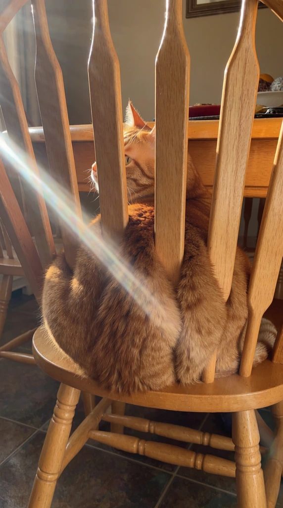 orange tabby cat resting on a wooden chair, thick ginger fur bulging and squeezing between vertical wooden backrest spindles, cat head looking backward through the slats, bright diagonal sunbeam creating a linear lens flare across the left, warm indoor lighting, wooden dining table background, dark floor tiles, candid photography