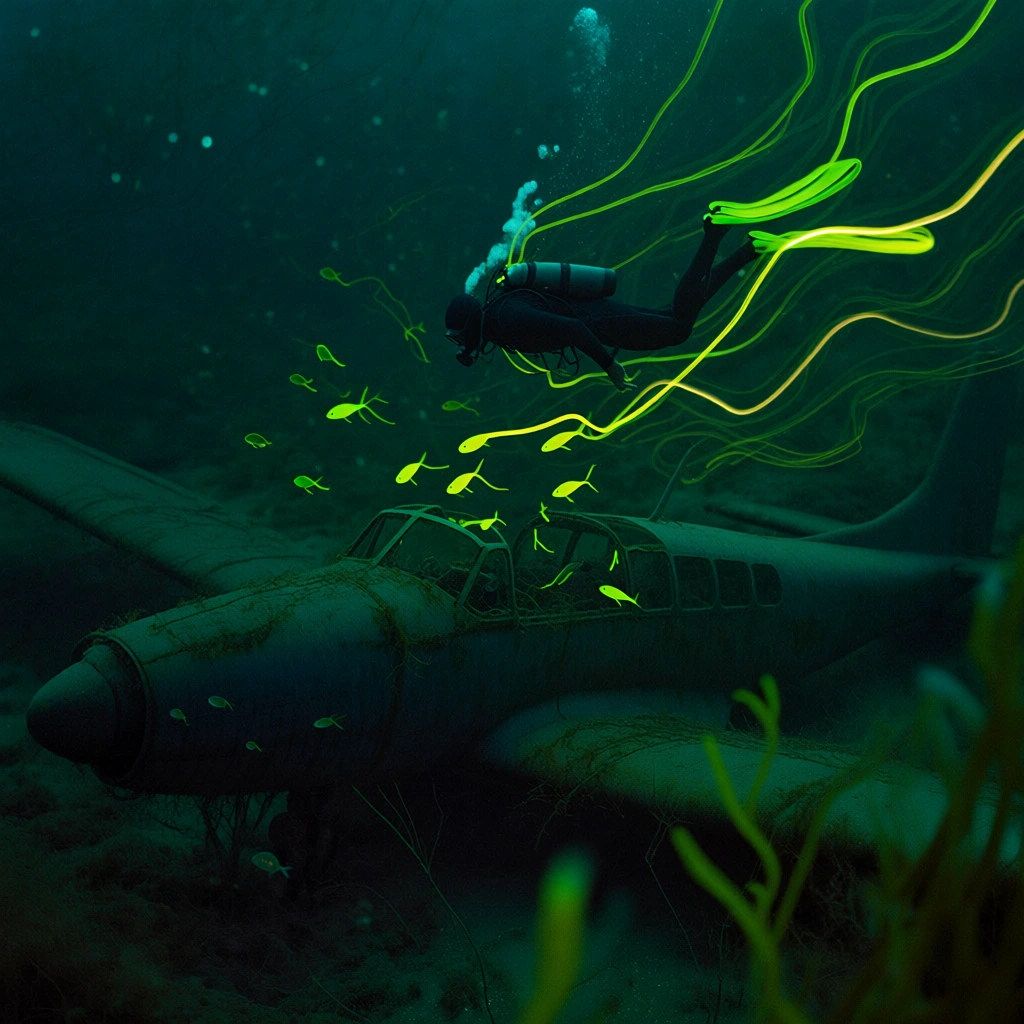 cinematic long-exposure photograph, deep teal and midnight green underwater abyss, a lone diver descending toward a weathered sunken airplane on the sandy floor, small fish darting through the cockpit, vibrant neon lime and acid yellow light trails tracing the fluid motion of the diver and marine life, ethereal bioluminescent aesthetic, moody shadows, soft motion blur, foreground aquatic plants framing the composition, mysterious and surreal atmosphere, professional grade photography.