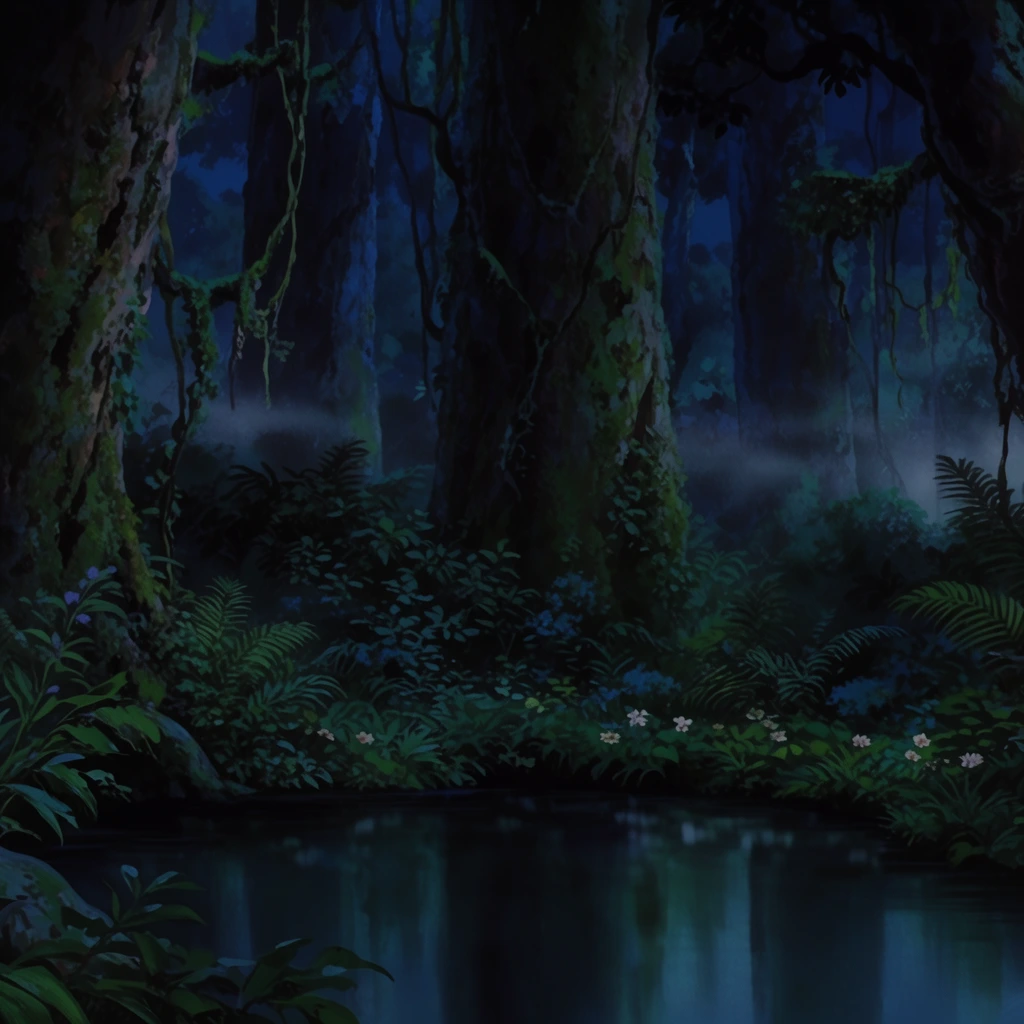A dense, atmospheric night forest with massive ancient trees and hanging vines towering over a dark pool of water. Deep blue and shadow-drenched emerald green hues dominate the moody environment as faint mist filters through the trunks. Thick undergrowth filled with ferns and scattered pale flowers borders the water's edge, mirrored in the glassy foreground surface. The scene features a rich, hand-painted animation background style with layered depth.