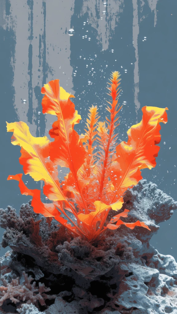 central aquatic plant with ruffled leaves and spiked stems, textured reef structure below, tiny floating particles and bubbles, high-contrast palette of saturated neon orange and muted slate grey, heavy vertical weathering streaks, painterly drips, minimalist monolithic composition, flat perspective, raw industrial aesthetic, diffused overcast lighting, atmospheric depth, gritty macro textures, 50mm lens feel, moody and abstract.