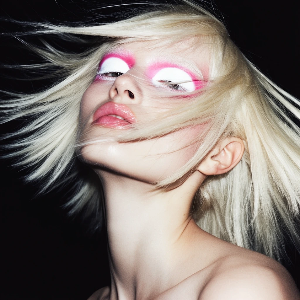 close-up portrait, head tilted back dramatically, dynamic platinum blonde hair whipping across the face, avant-garde makeup with bold opaque white and vibrant pink pigment surrounding the eyes, glossy pink lips, pale skin on bare neck and shoulder, stark pitch-black background, high-contrast editorial fashion photography, harsh direct flash lighting, freeze-frame motion capture