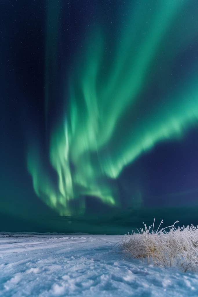 vibrant green aurora sweeping across a deep indigo night sky, scattered stars, textured snowy ground, sparse frosty grass on lower right, wide winter astrophotography