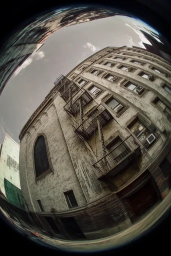 Monochrome Fisheye Monumentalism style reference image — extreme fisheye lens