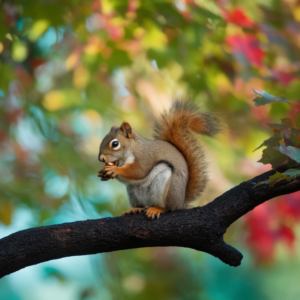 A reddish-brown and gray squirrel sits upright on a thick, dark tree branch, nibbling a nut clutched in its front paws. Its prominent bushy tail curls upward. Captured in a crisp wildlife photograph, a shallow depth of field isolates the sharply focused animal against a beautifully blurred, vibrant forest canopy. The soft bokeh background features dappled green, yellow, and crimson autumn leaves with subtle cool teal patches. Natural lighting highlights the fine textures of the squirrel's fur and the rough bark.