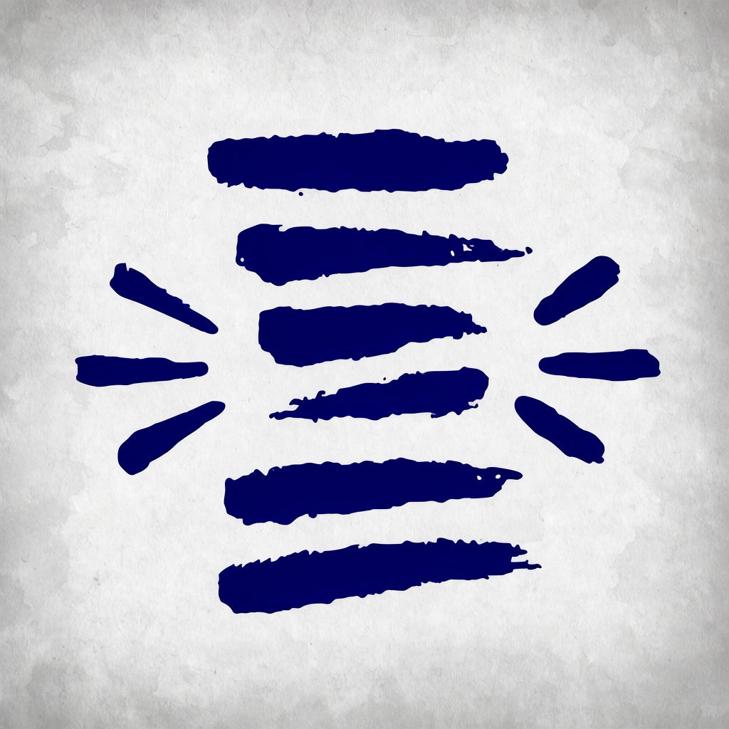 bold navy blue abstract graphic marks, central arrangement, rough irregular contours resembling thick marker strokes, horizontal dashes, radial burst accent lines flanking the center, stamped ink aesthetic, textured light grey paper background, subtle vignetting, mottled parchment surface, minimalist 2D composition