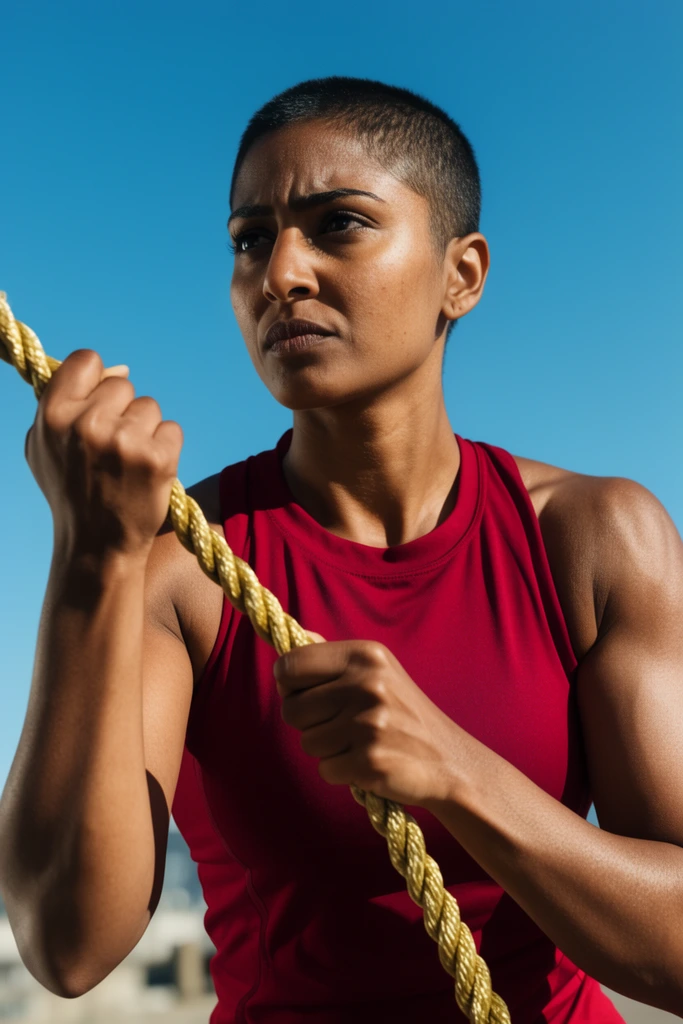 muscular South Asian woman with short buzz-cut hair tightly gripping a braided golden nautical rope with both hands, focused expression, crimson sleeveless athletic top, harsh bright sunlight casting strong shadows, clear vivid blue sky background, low angle medium close-up, cinematic 35mm photography